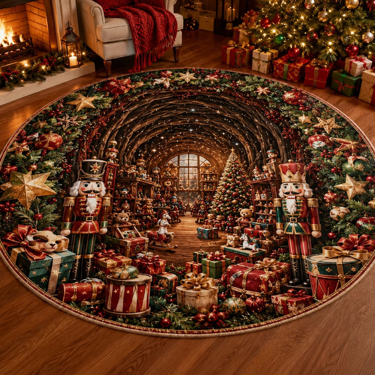 Christmas 3D Vortex Optical Illusion Round Rug, Non Slip Decorative Floor Mat, Festive Visual Trap Design, Xmas Home Decoration Gift for Family and Holiday Party Lovers