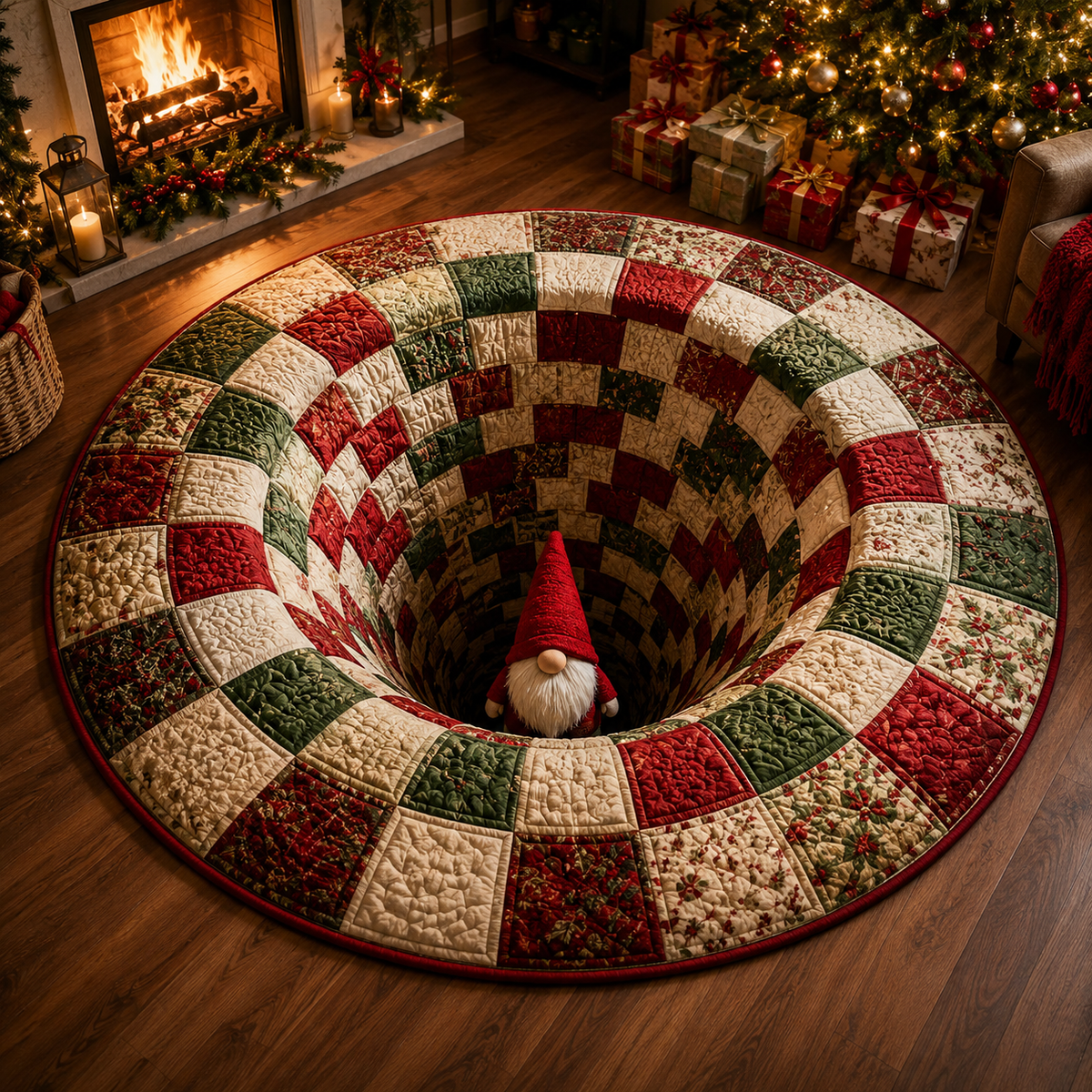 Christmas 3D Vortex Optical Illusion Round Rug, Non Slip Decorative Floor Mat, Festive Visual Trap Design, Xmas Home Decoration Gift for Family and Holiday Party Lovers