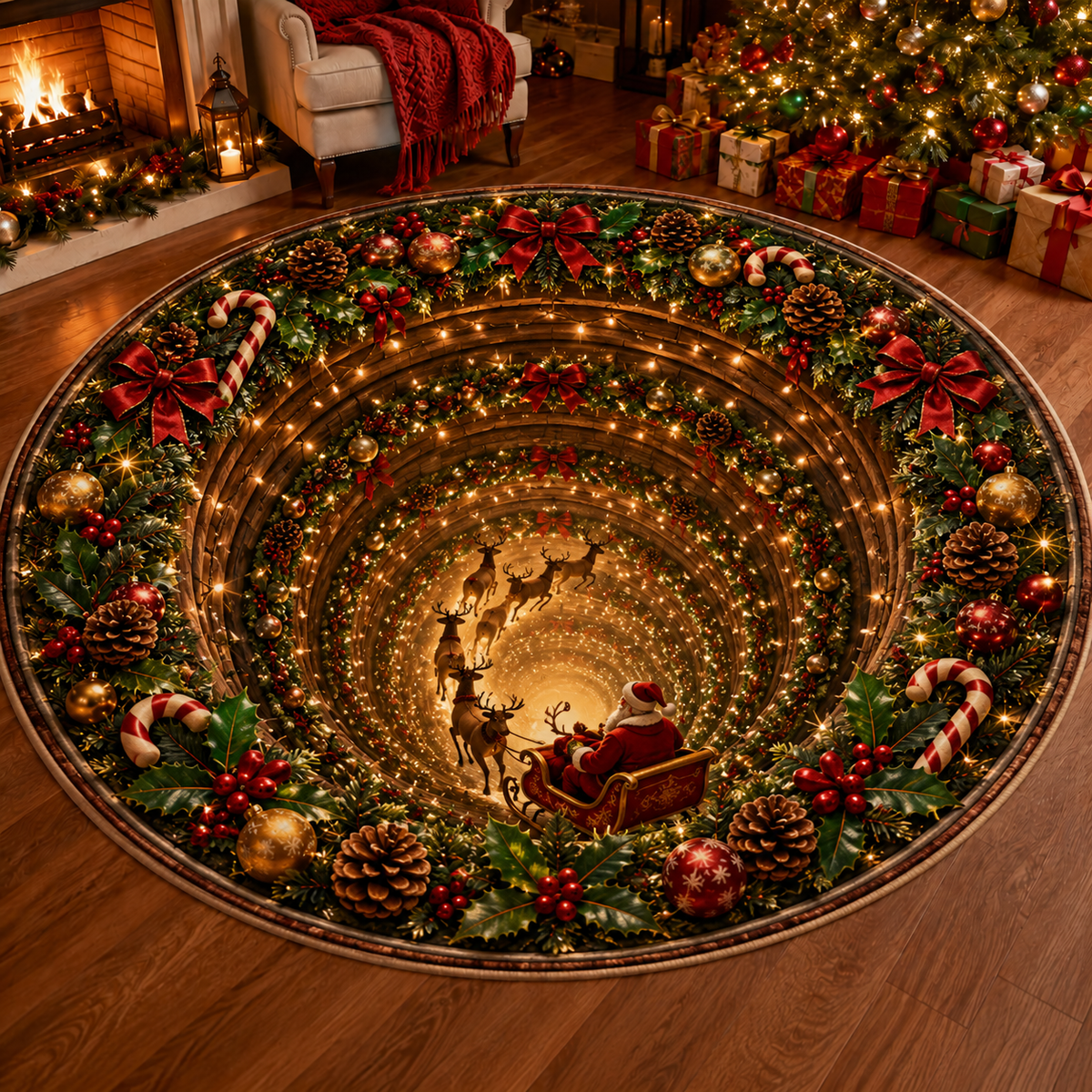 Christmas 3D Vortex Optical Illusion Round Rug, Non Slip Decorative Floor Mat, Festive Visual Trap Design, Xmas Home Decoration Gift for Family and Holiday Party Lovers