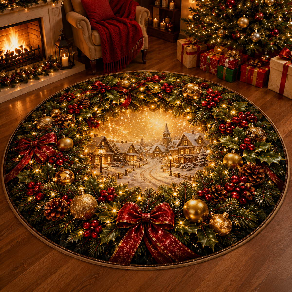 Christmas 3D Vortex Optical Illusion Round Rug, Non Slip Decorative Floor Mat, Festive Visual Trap Design, Xmas Home Decoration Gift for Family and Holiday Party Lovers