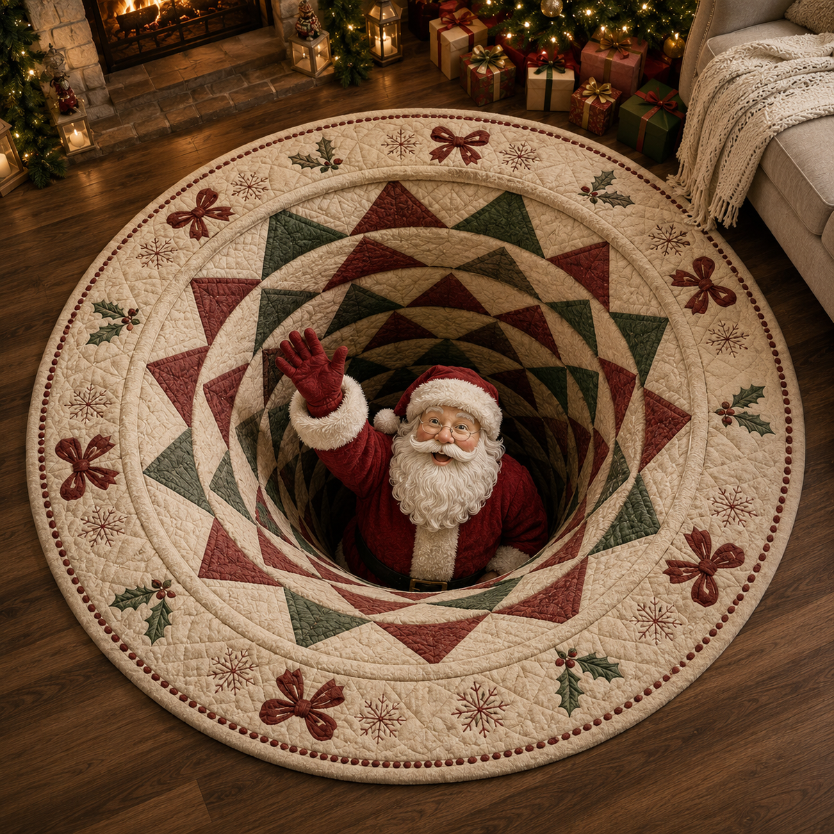 Christmas 3D Vortex Optical Illusion Round Rug, Non Slip Decorative Floor Mat, Festive Visual Trap Design, Xmas Home Decoration Gift for Family and Holiday Party Lovers