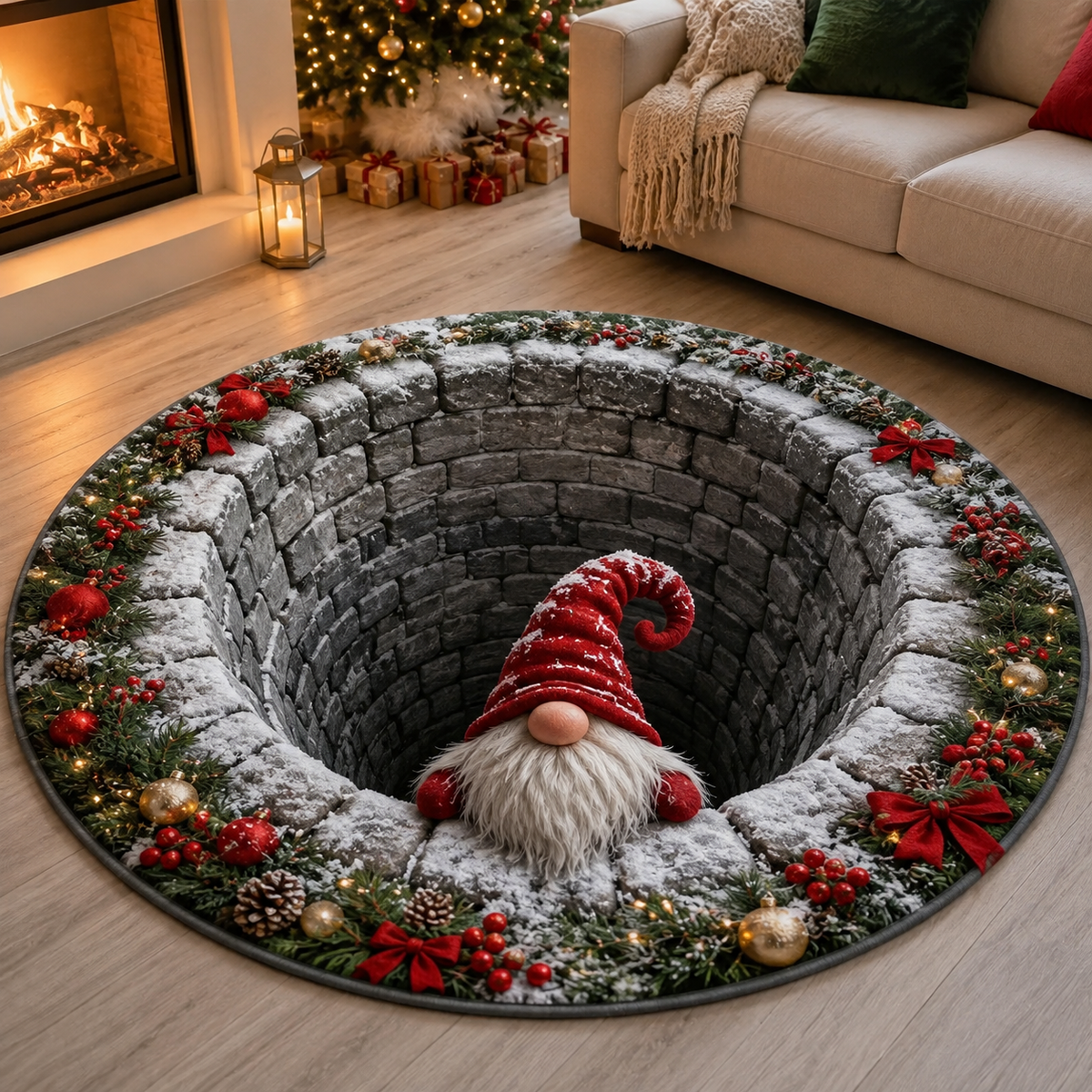 Christmas 3D Vortex Optical Illusion Round Rug, Non Slip Decorative Floor Mat, Festive Visual Trap Design, Xmas Home Decoration Gift for Family and Holiday Party Lovers