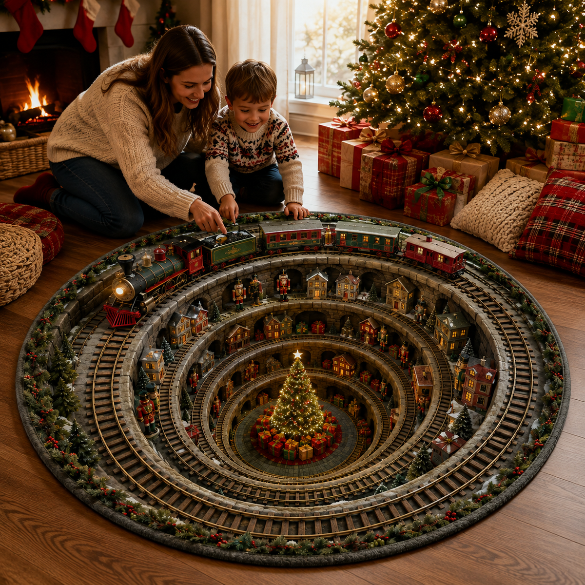 Christmas 3D Vortex Optical Illusion Round Rug, Non Slip Decorative Floor Mat, Festive Visual Trap Design, Xmas Home Decoration Gift for Family and Holiday Party Lovers