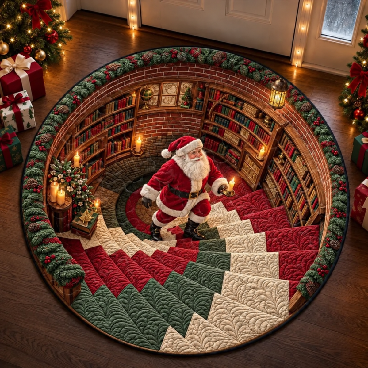 Christmas 3D Vortex Optical Illusion Round Rug, Non Slip Decorative Floor Mat, Festive Visual Trap Design, Xmas Home Decoration Gift for Family and Holiday Party Lovers