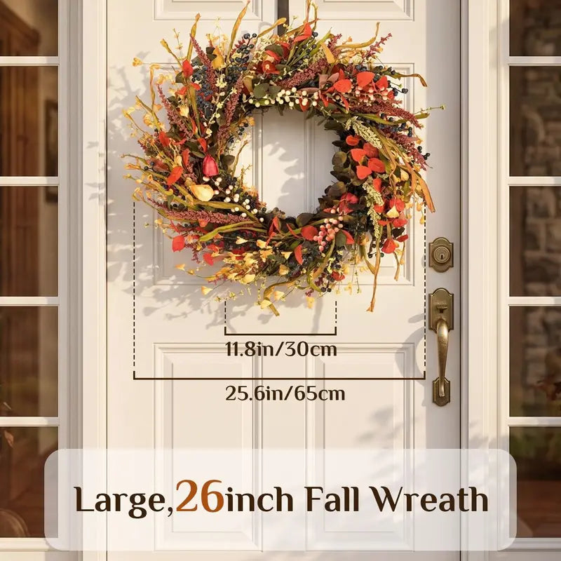 26-Inch Round Autumn Thanksgiving Fall Wreath with Berries and Leaves for Home Decor