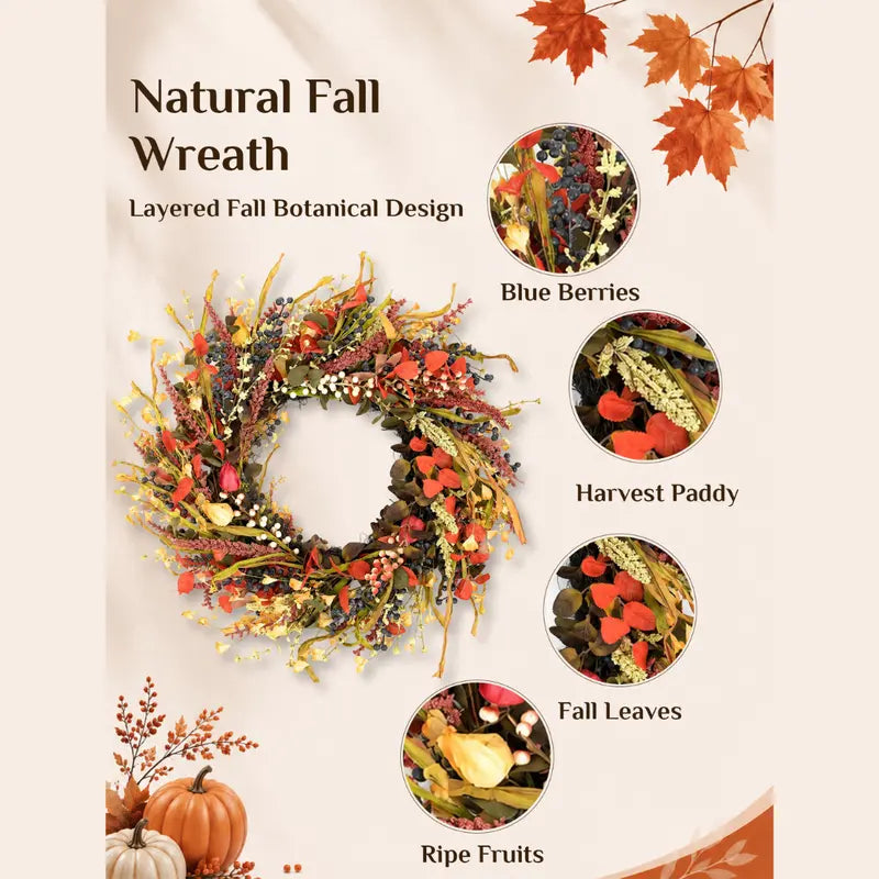 26-Inch Round Autumn Thanksgiving Fall Wreath with Berries and Leaves for Home Decor