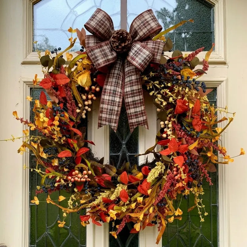 26-Inch Round Autumn Thanksgiving Fall Wreath with Berries and Leaves for Home Decor