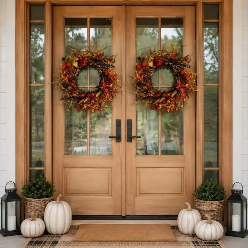 26-Inch Round Autumn Thanksgiving Fall Wreath with Berries and Leaves for Home Decor