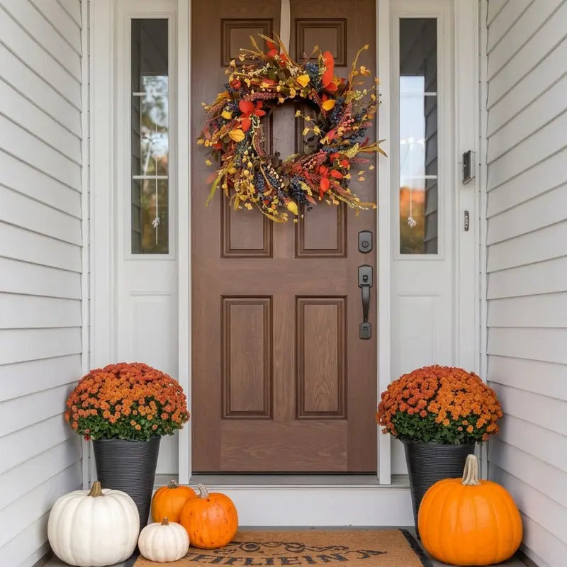 26-Inch Round Autumn Thanksgiving Fall Wreath with Berries and Leaves for Home Decor