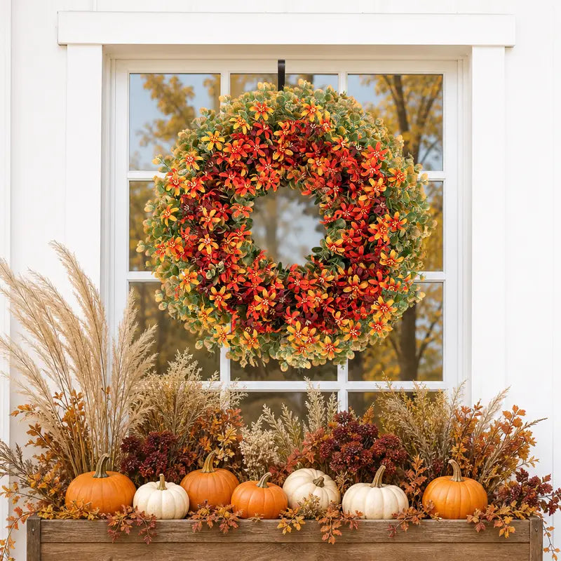 26-Inch Round Autumn Thanksgiving Fall Wreath with Berries and Leaves for Home Decor