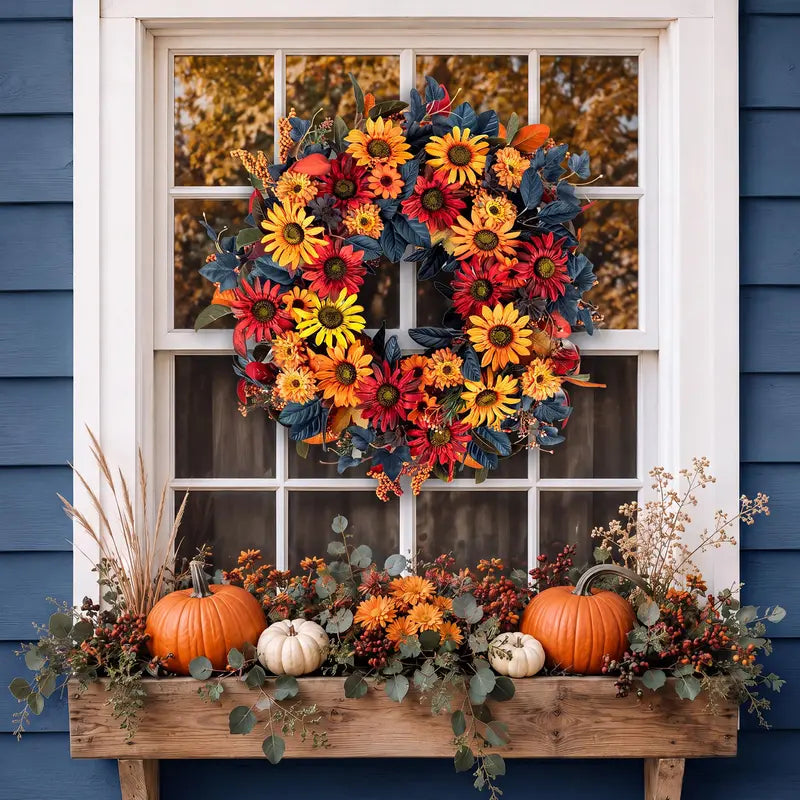 26-Inch Round Autumn Thanksgiving Fall Wreath with Berries and Leaves for Home Decor